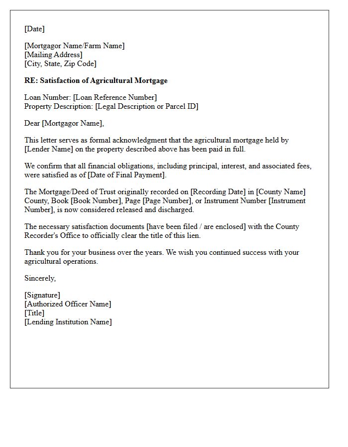 Acknowledgment of Agricultural Mortgage Satisfaction Letter