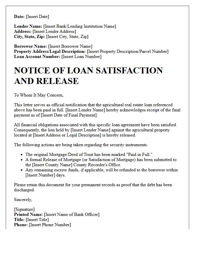 Agricultural Real Estate Loan Satisfaction Letter