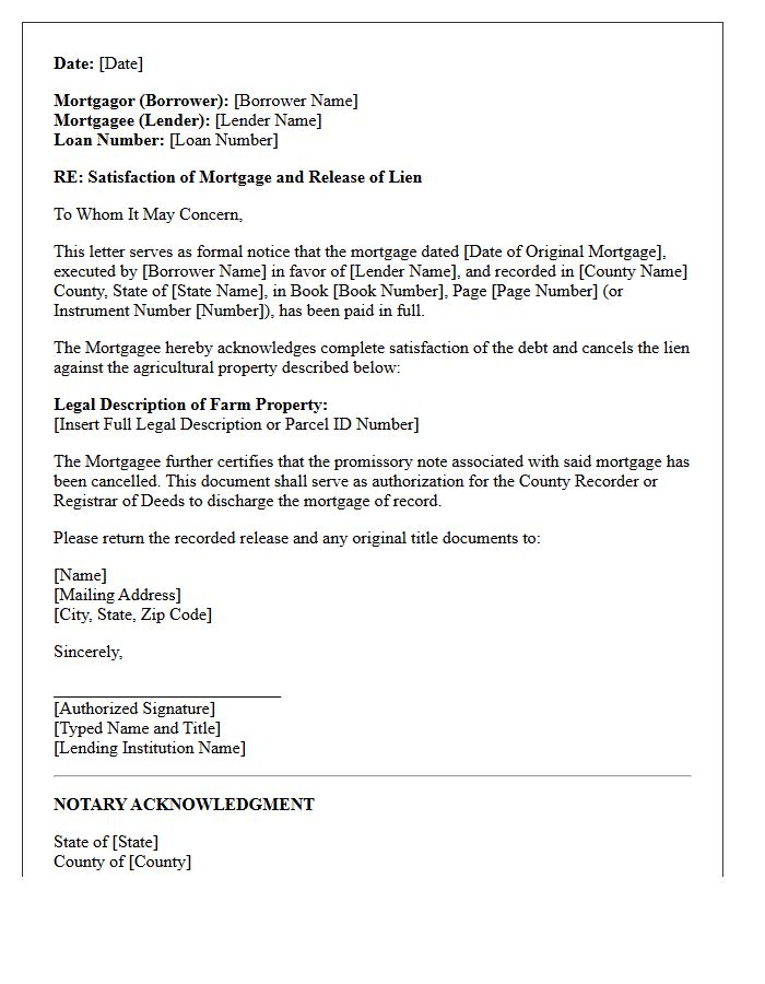 Clearance and Satisfaction of Farm Mortgage Letter