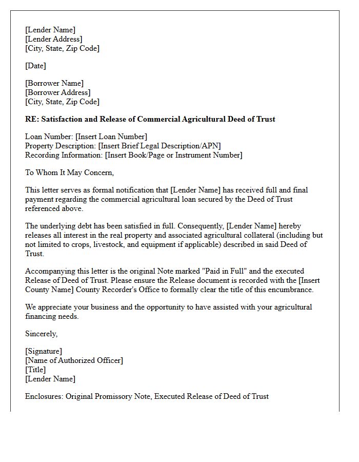 Commercial Agricultural Deed of Trust Satisfaction Letter