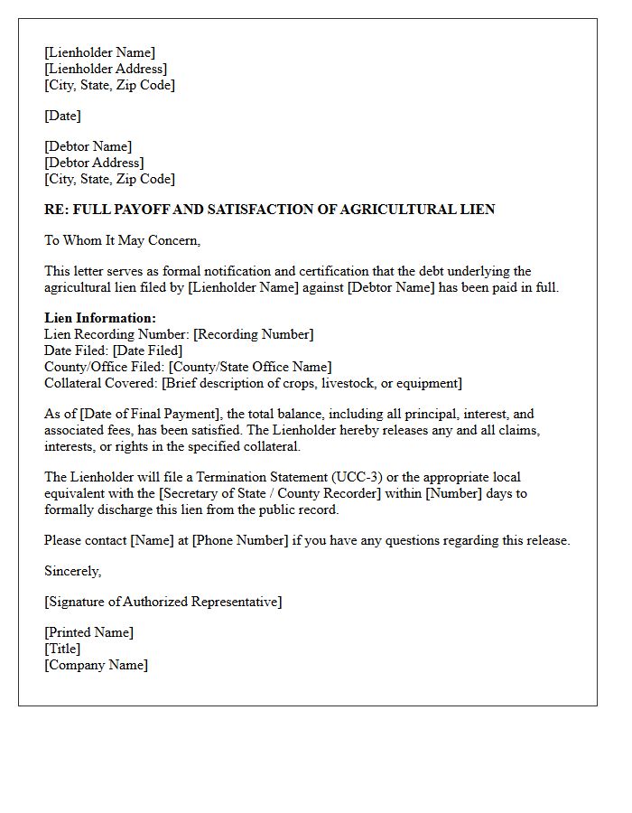 Full Payoff and Agricultural Lien Satisfaction Letter