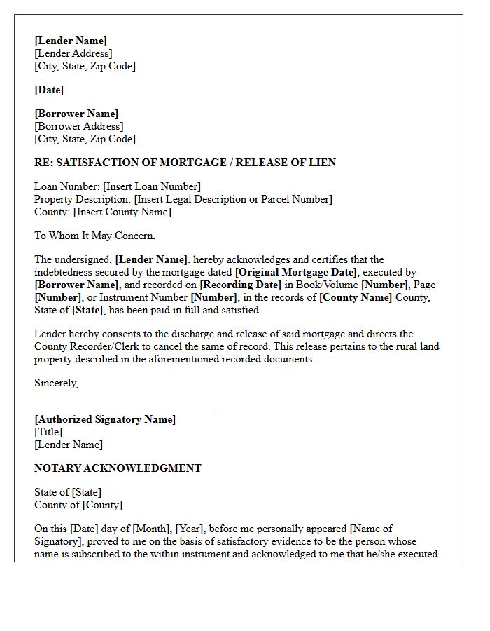 Lender Satisfaction of Rural Land Mortgage Letter