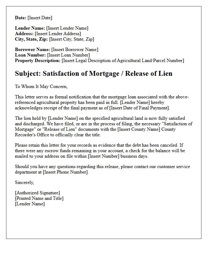 Mortgage Lender Agricultural Land Satisfaction Letter