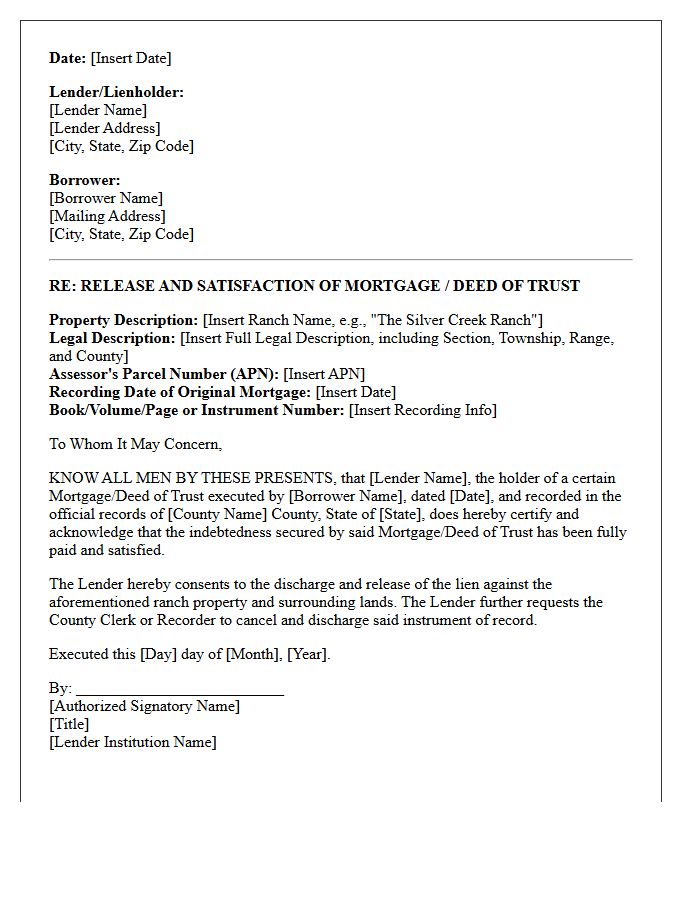Ranch Property Mortgage Release and Satisfaction Letter