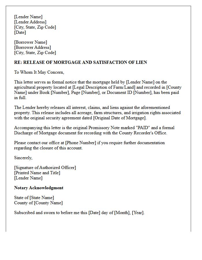Release of Agricultural Property Mortgage Letter