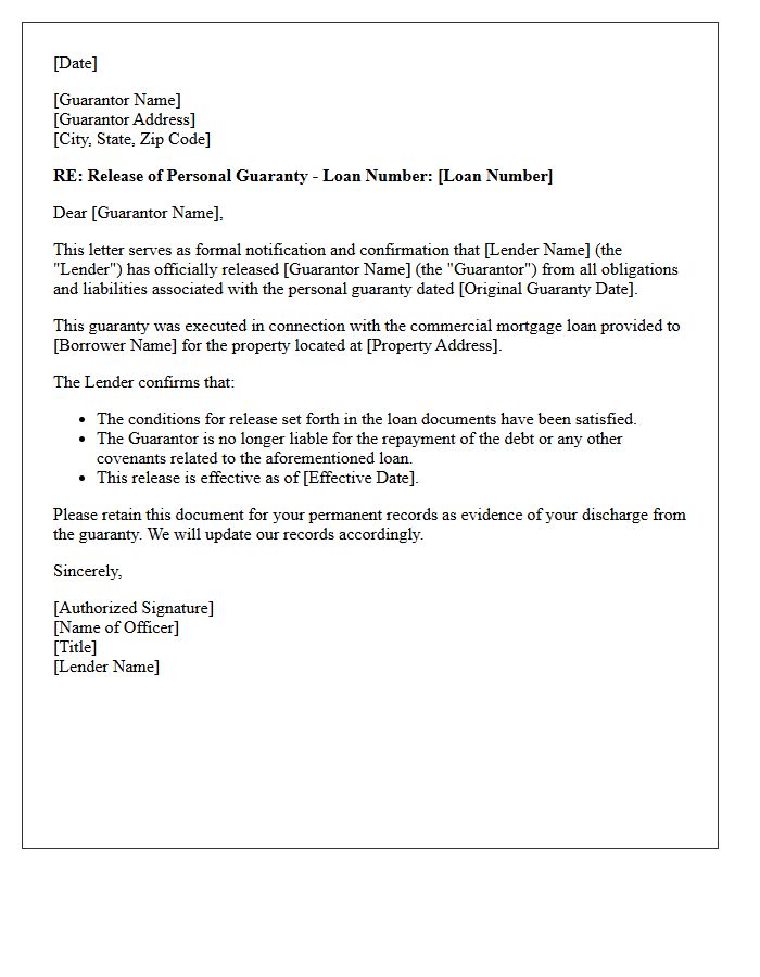 Commercial Mortgage Guarantor Release Letter