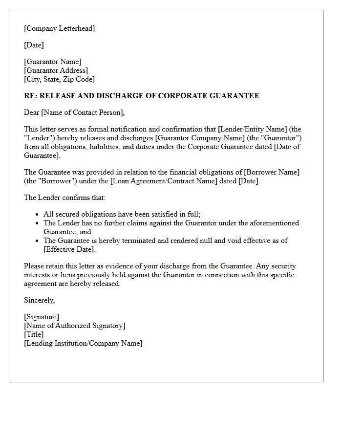 Corporate Guarantor Discharge Letter