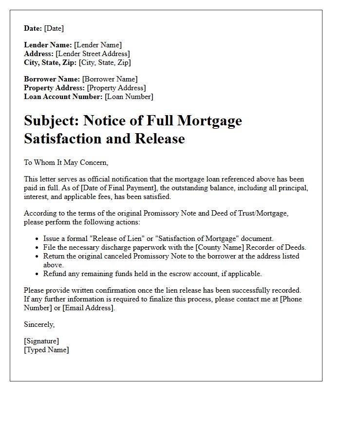 Full Mortgage Payment Satisfaction Letter