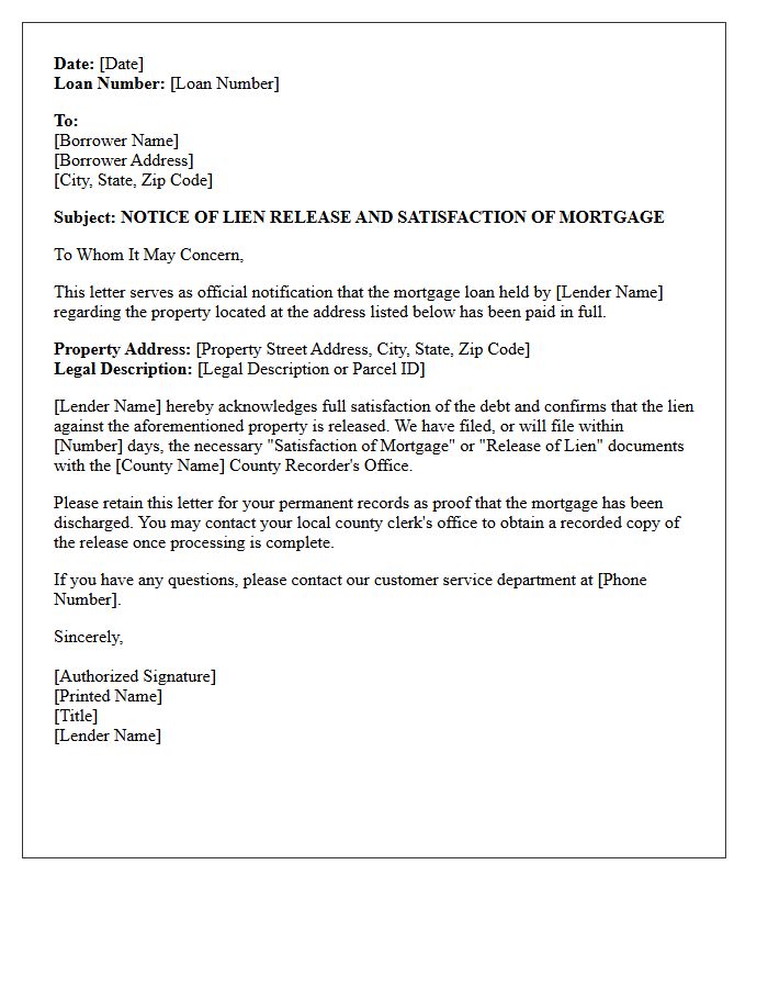 Lien Release and Mortgage Satisfaction Letter