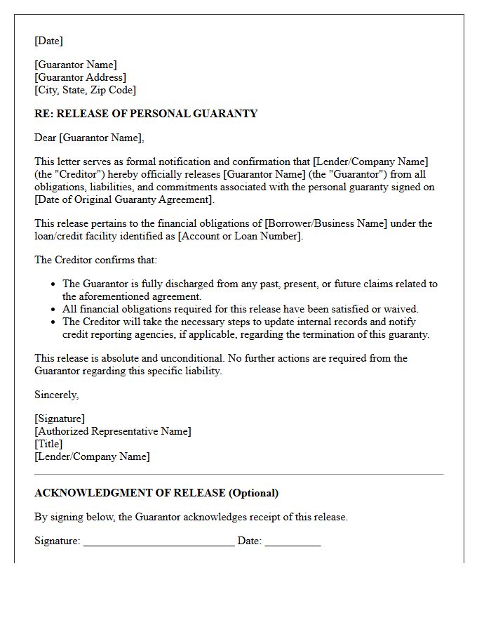 Personal Guarantor Financial Release Letter