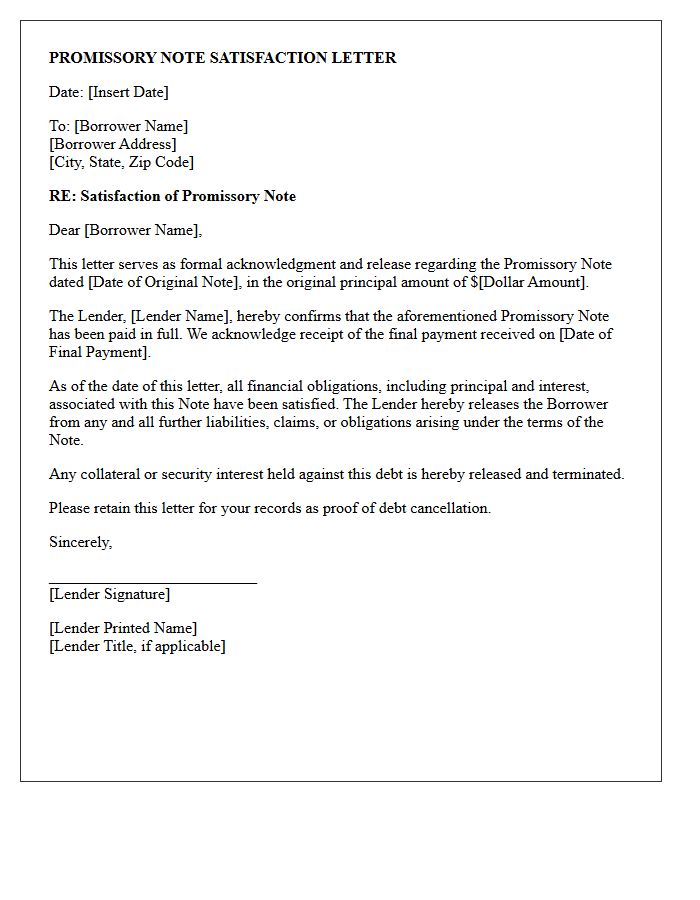 Promissory Note Satisfaction Letter
