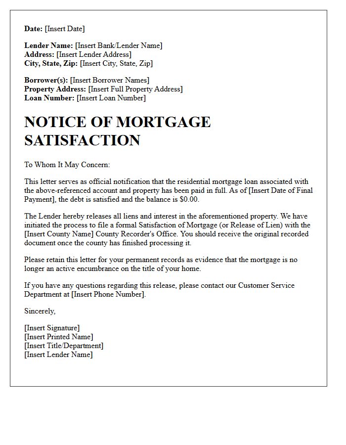Residential Mortgage Satisfaction Letter
