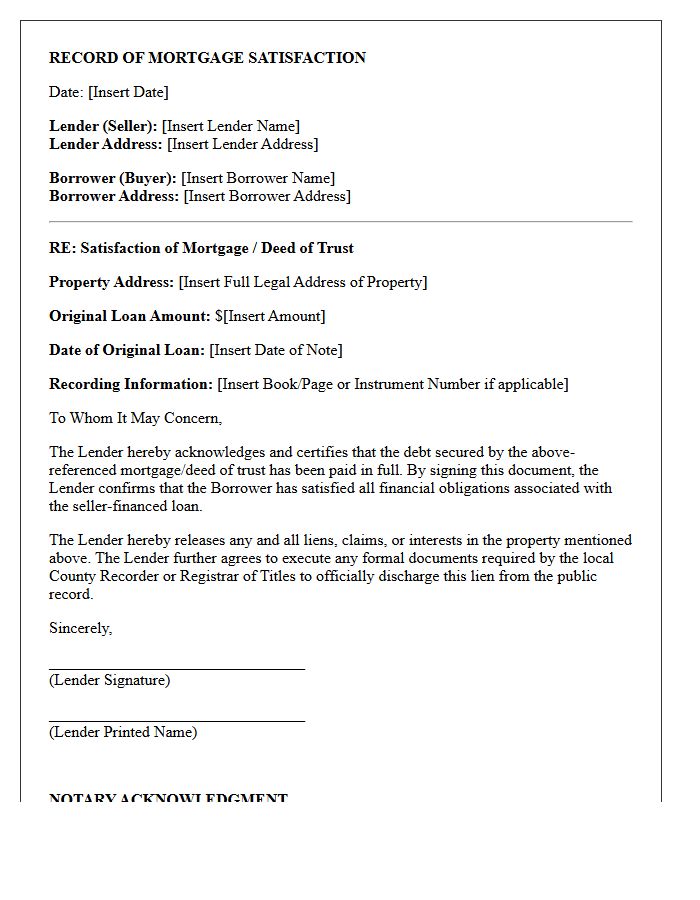 Borrower Record Of Seller-Financed Mortgage Satisfaction Letter