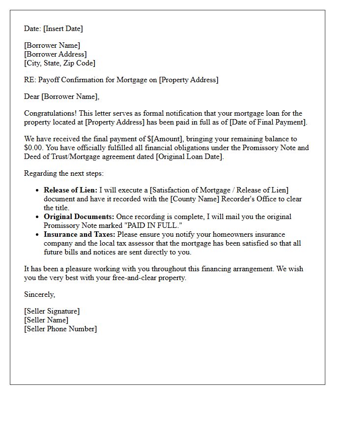 Congratulatory Seller-Financed Mortgage Payoff Letter