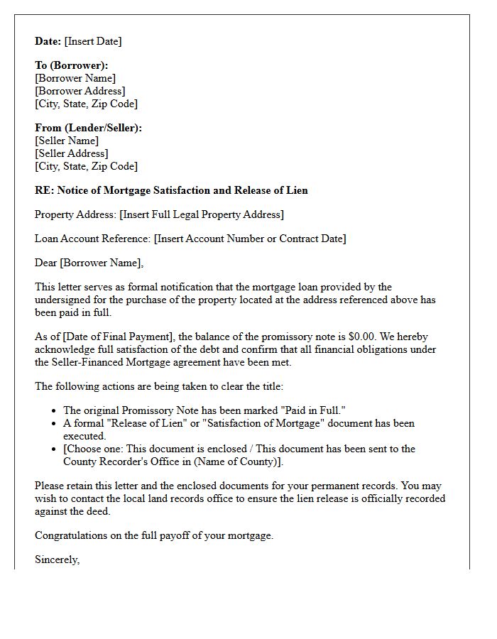 Formal Seller-Financed Mortgage Satisfaction Notice Letter