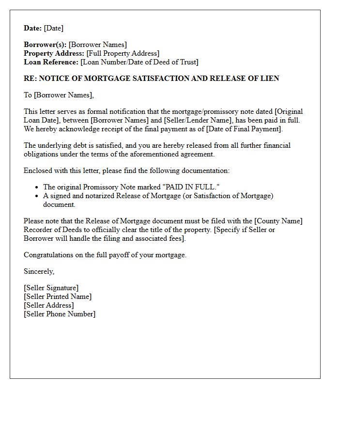 Standard Seller-Financed Mortgage Satisfaction Notice Letter