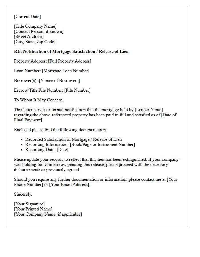 Title Company Notification Of Mortgage Satisfaction Letter