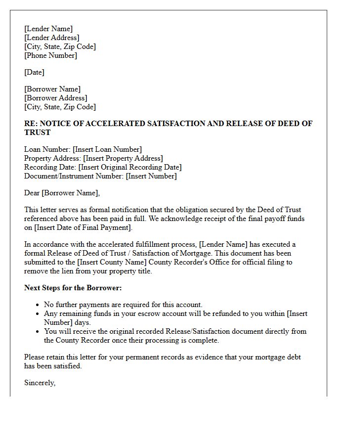 Accelerated Deed Of Trust Satisfaction Fulfillment Letter