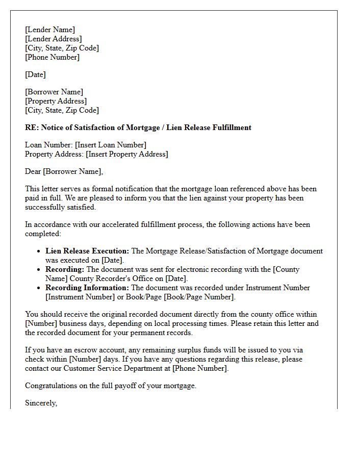 Accelerated Mortgage Lien Release Fulfillment Letter