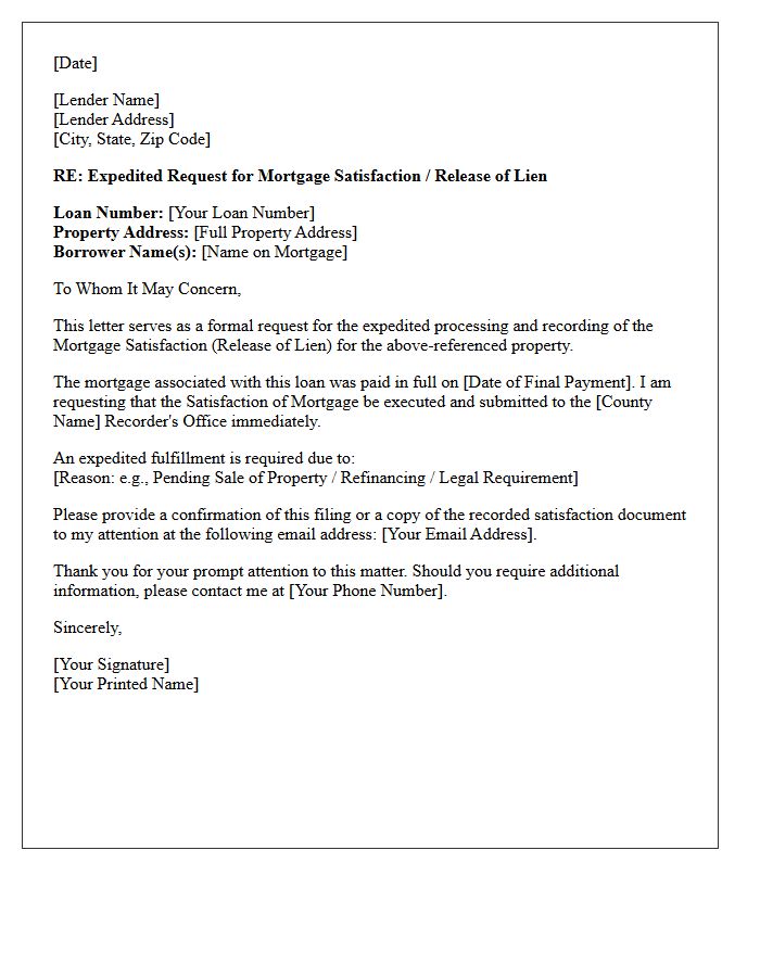 Expedited Mortgage Satisfaction Request Fulfillment Letter