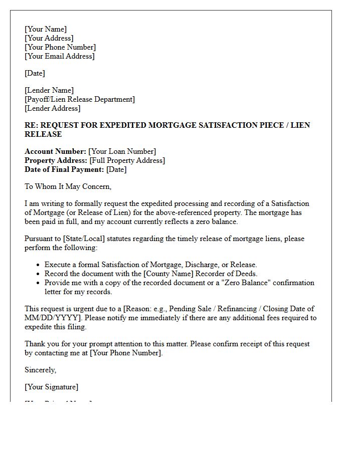 Expedited Zero Balance Mortgage Satisfaction Letter