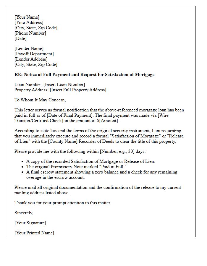 Immediate Mortgage Payoff And Satisfaction Release Letter