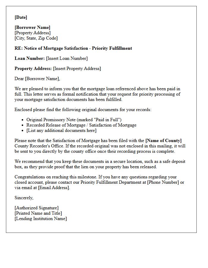 Priority Mortgage Satisfaction Document Fulfillment Letter