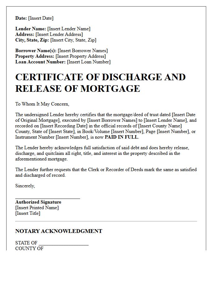 Certificate Of Discharge Mortgage Release Letter