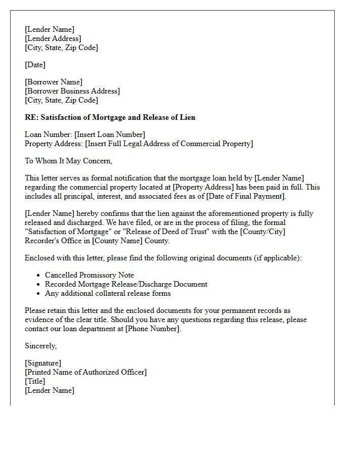 Commercial Property Mortgage Release Letter