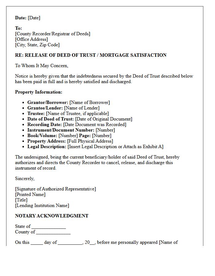 Deed Of Trust Mortgage Release Letter