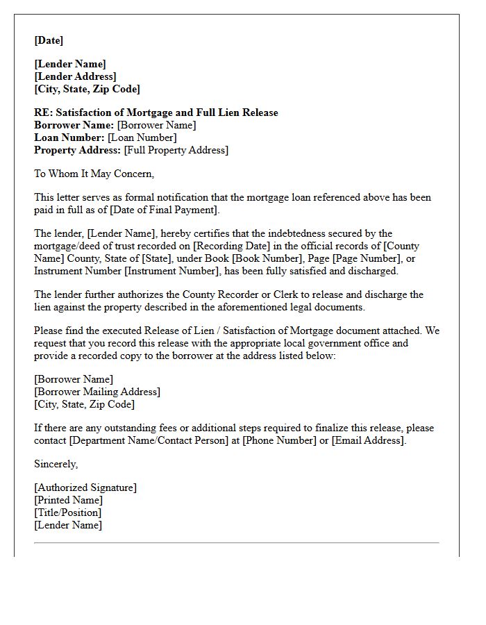 Full Lien Mortgage Release Letter