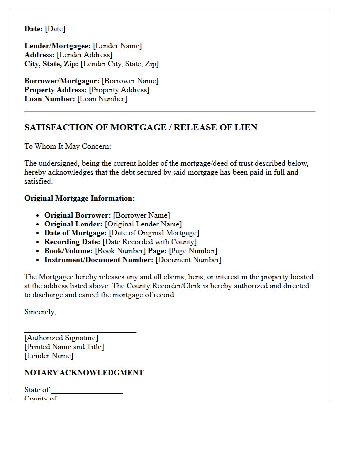Satisfaction Of Mortgage Release Letter