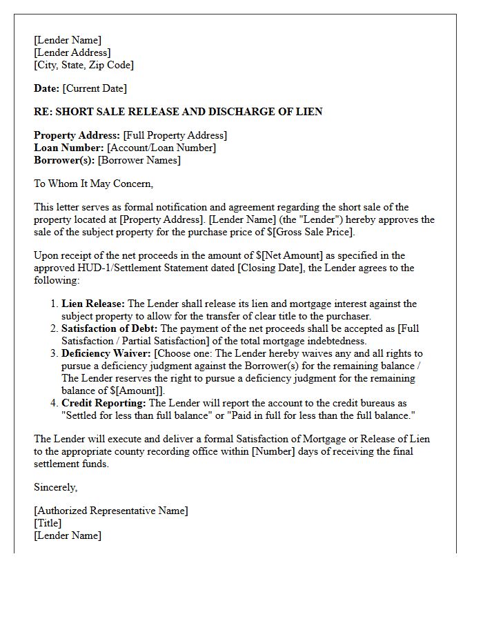 Short Sale Mortgage Release Letter