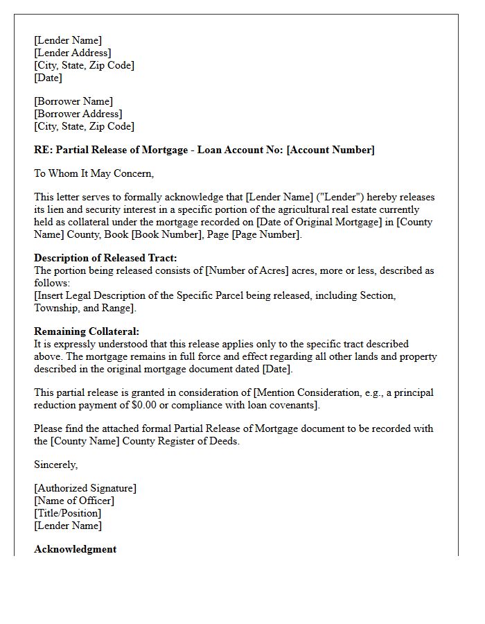 Agricultural Tract Partial Mortgage Release Letter