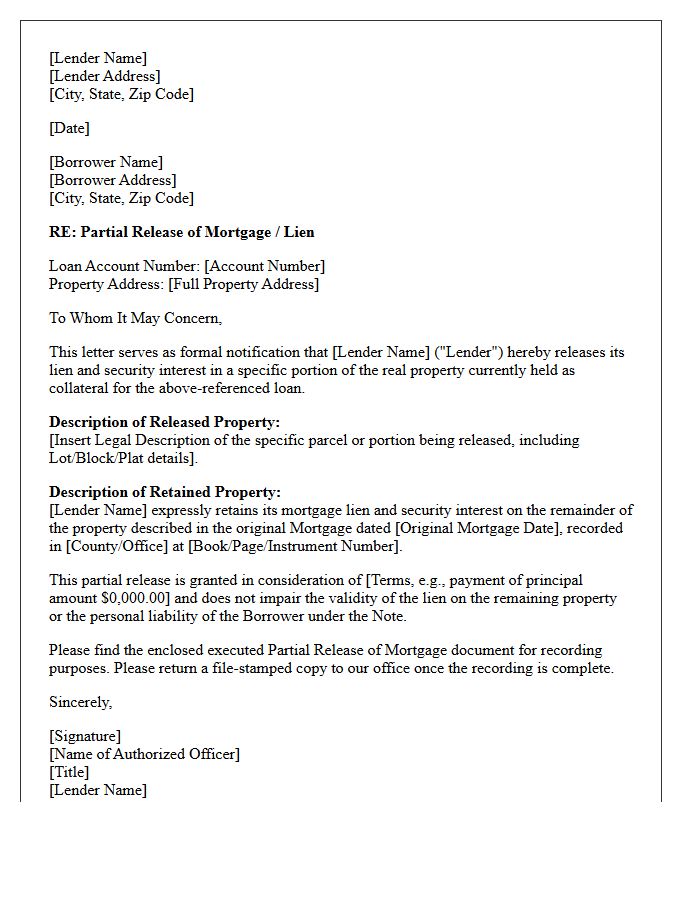 Commercial Property Partial Mortgage Release Letter