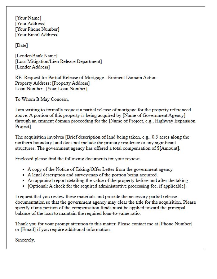 Eminent Domain Partial Mortgage Release Letter