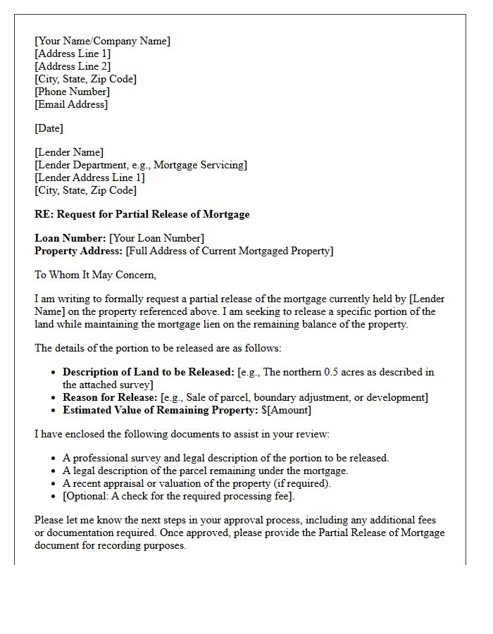 Residential Land Partial Mortgage Release Letter