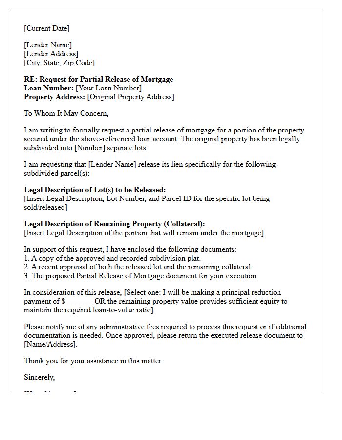 Subdivided Lot Partial Mortgage Release Letter