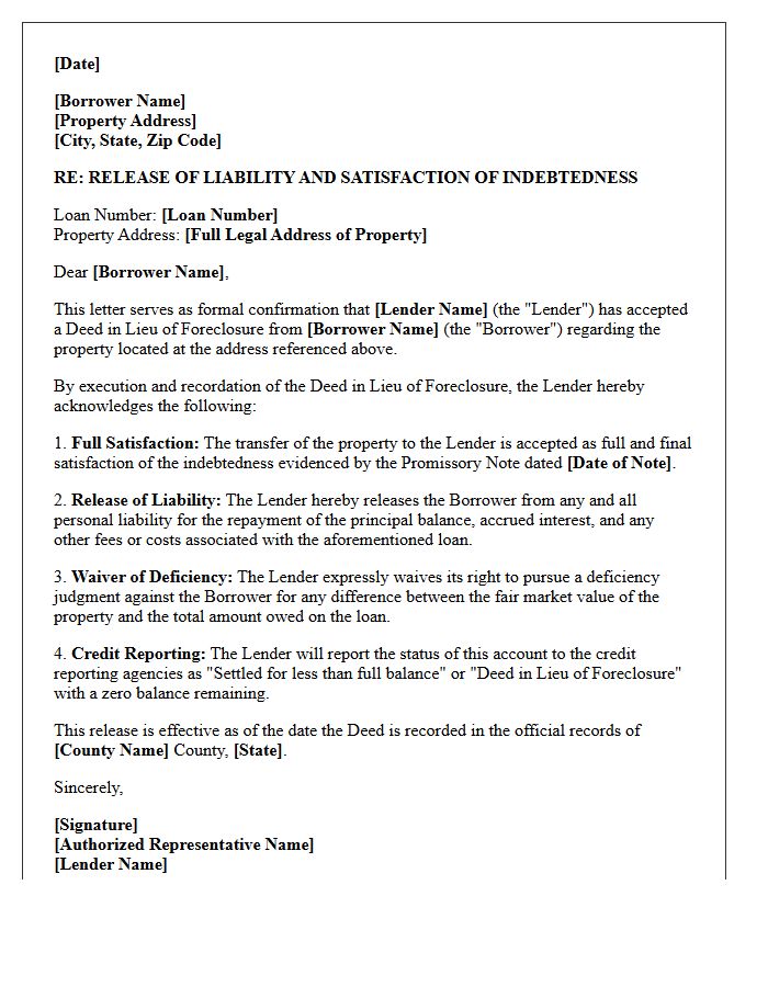 Deed in Lieu of Foreclosure Release Letter