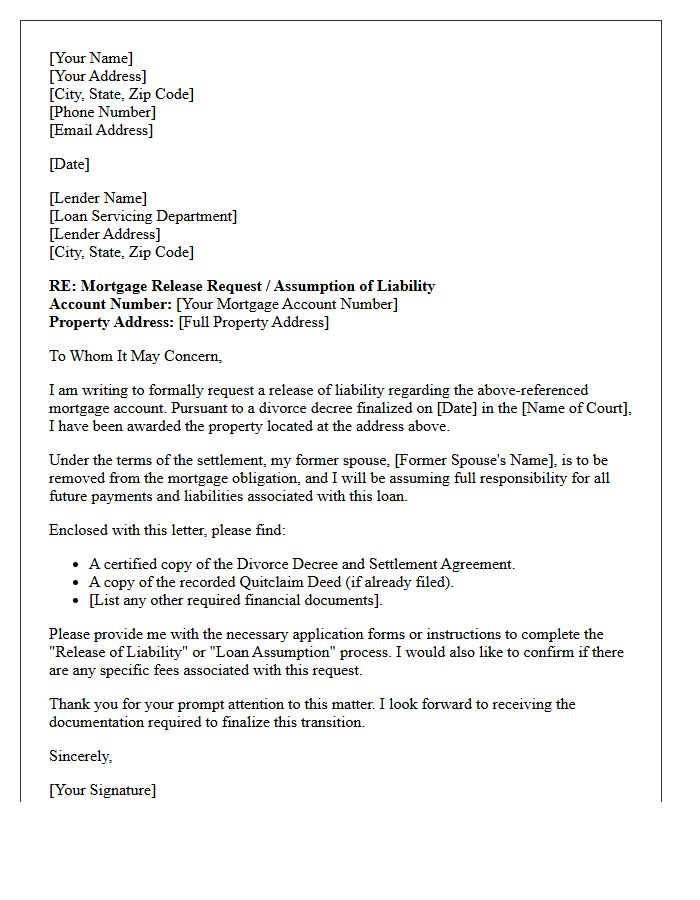 Divorce Settlement Mortgage Release Letter