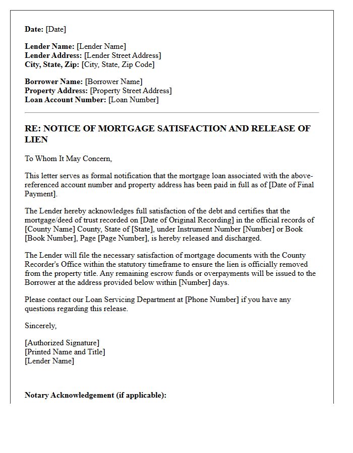 Mortgage Satisfaction and Release Letter