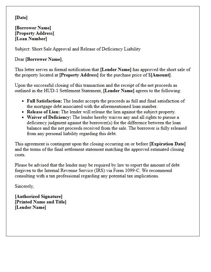 Short Sale Deficiency Release Letter