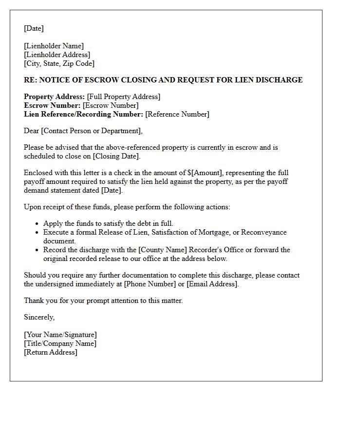 Escrow Closing Lien Discharge Letter
