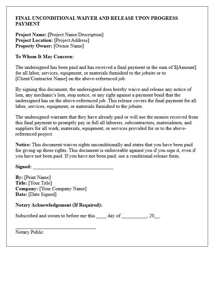 Full Final Payment Lien Release Letter