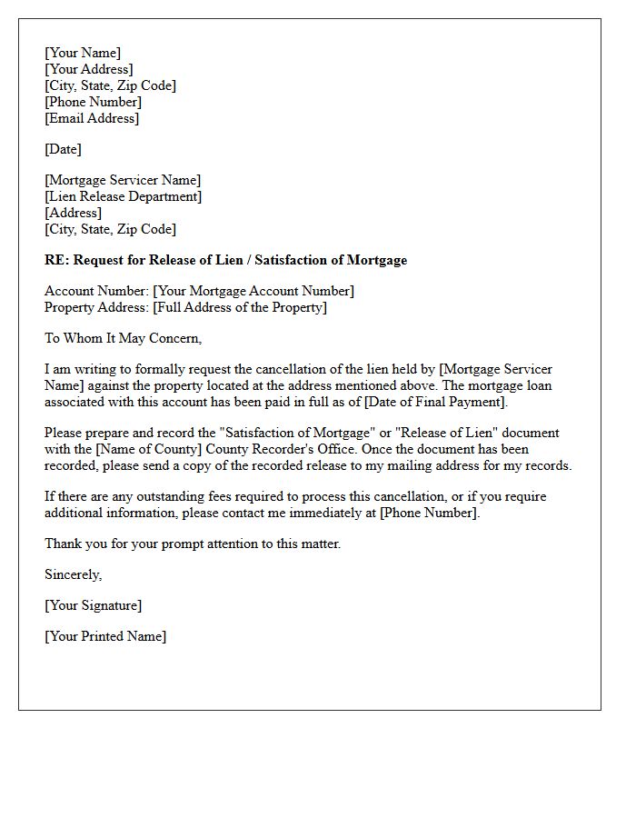 Mortgage Servicer Lien Cancellation Letter
