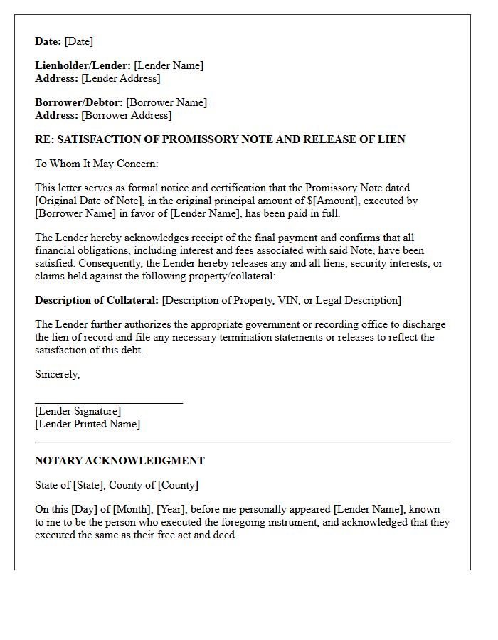 Promissory Note Lien Satisfaction Letter