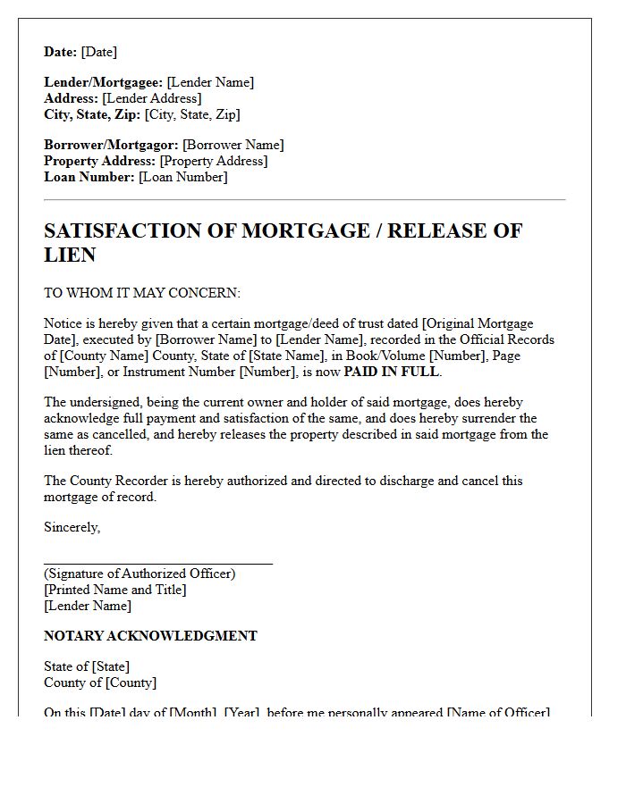 Satisfaction of Mortgage Release Letter