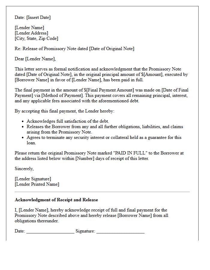 Full Payment and Release of Promissory Note Letter