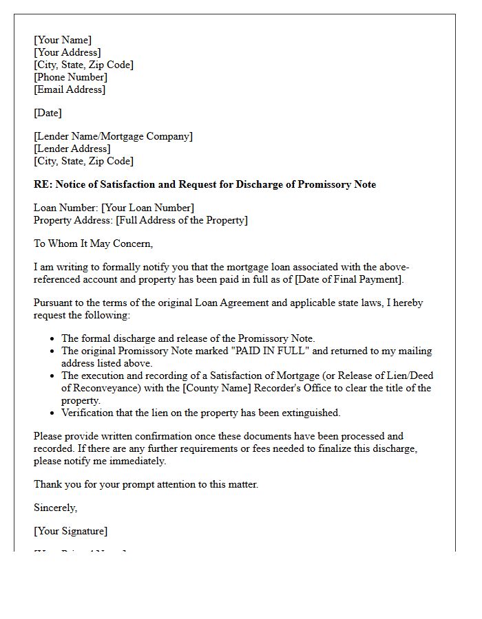 Letter of Promissory Note Discharge for Mortgage Loan