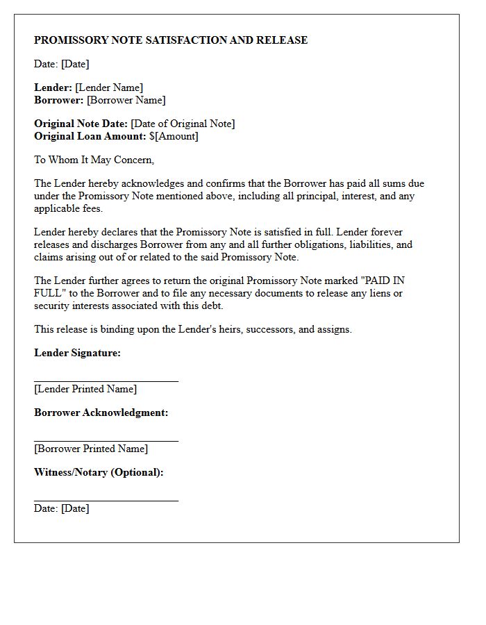 Letter of Promissory Note Satisfaction and Release